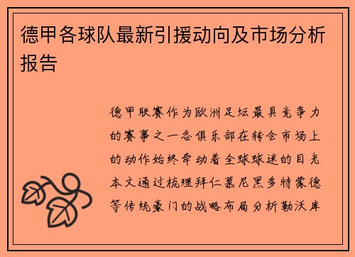 德甲各球队最新引援动向及市场分析报告
